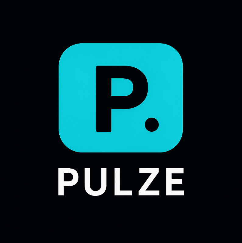 Logo for Pulze with a blue square icon containing a black letter 'P' and a dot, with the word 'PULZE' in white capital letters underneath.