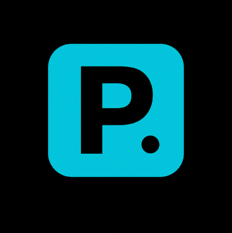 Parking app logo with a blue square containing a black letter P and a small black dot inside a circle.