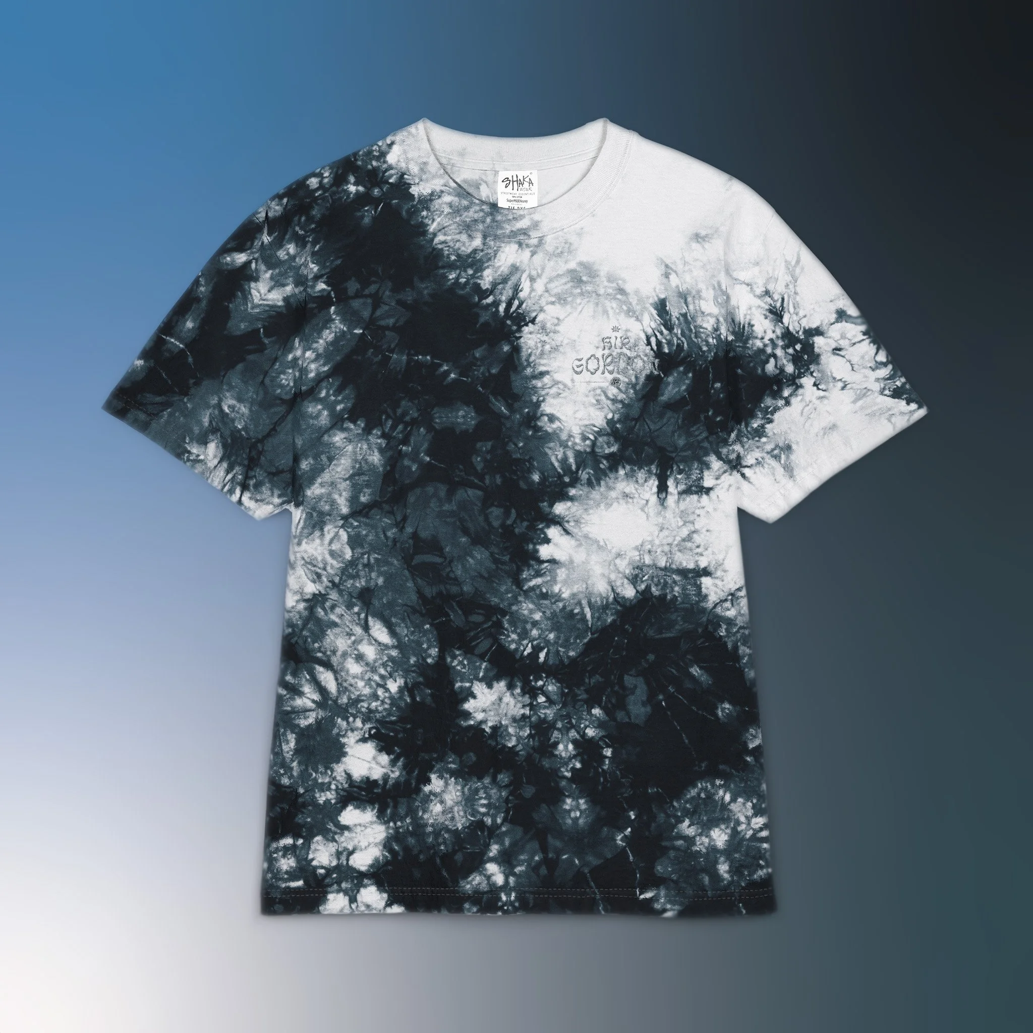 White T-shirt with black tree silhouette design and blue gradient background.
