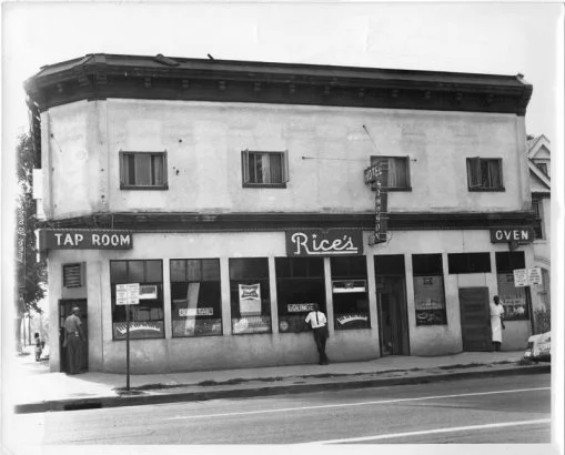 Old black and white photo of Rice's tap room and oven, which turned into a jazz club at night.