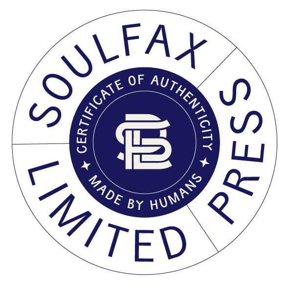 Circular badge with the text "Soulfux Limited" around the top, "Certificate of Authenticity" in the middle, and "Made by Humans" below, all in navy blue on a white background.