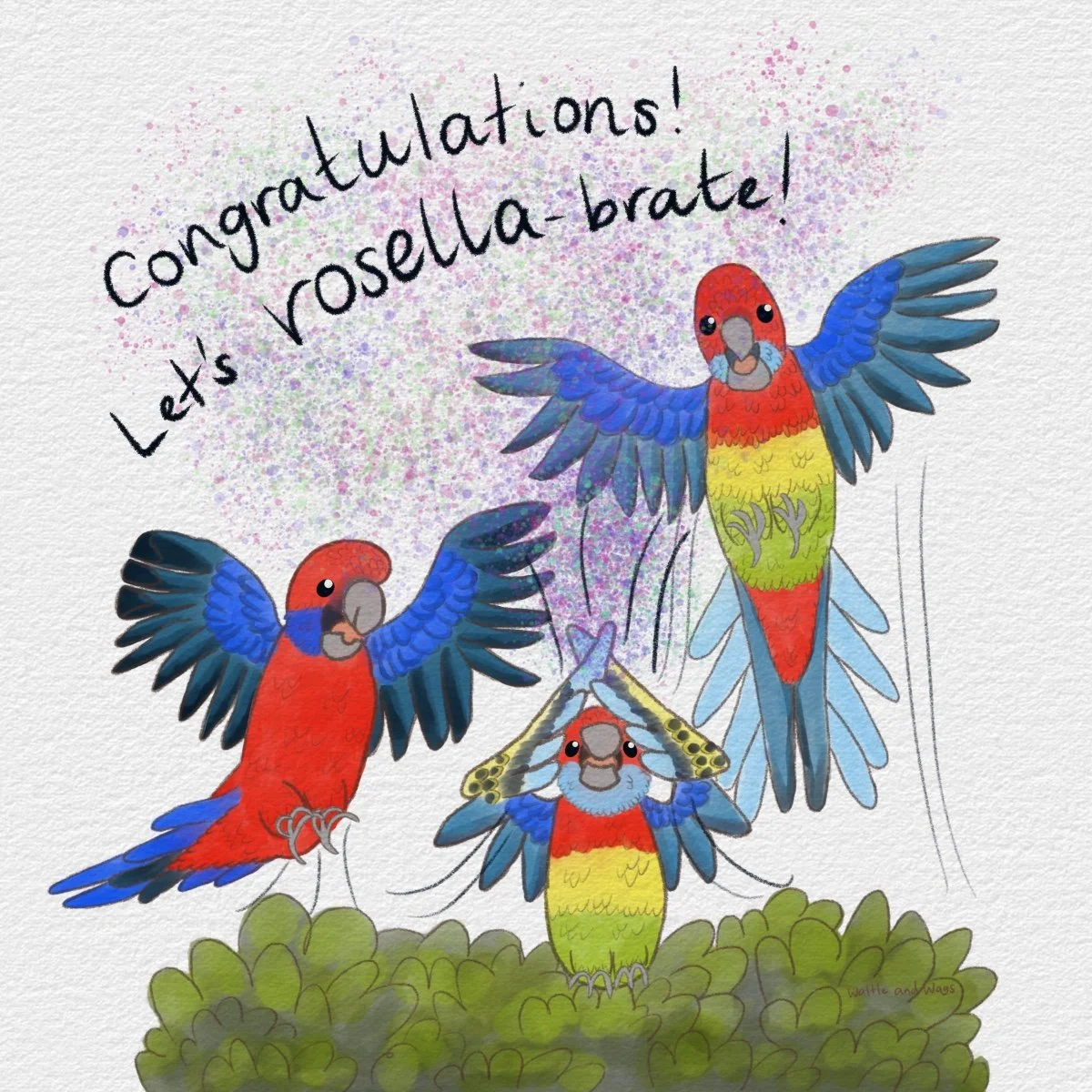 An image of a completed 'Congratulations! Let's Rosella-brate!' greeting card featuring three excited rosellas jumping for joy and throwing confetti in the air.