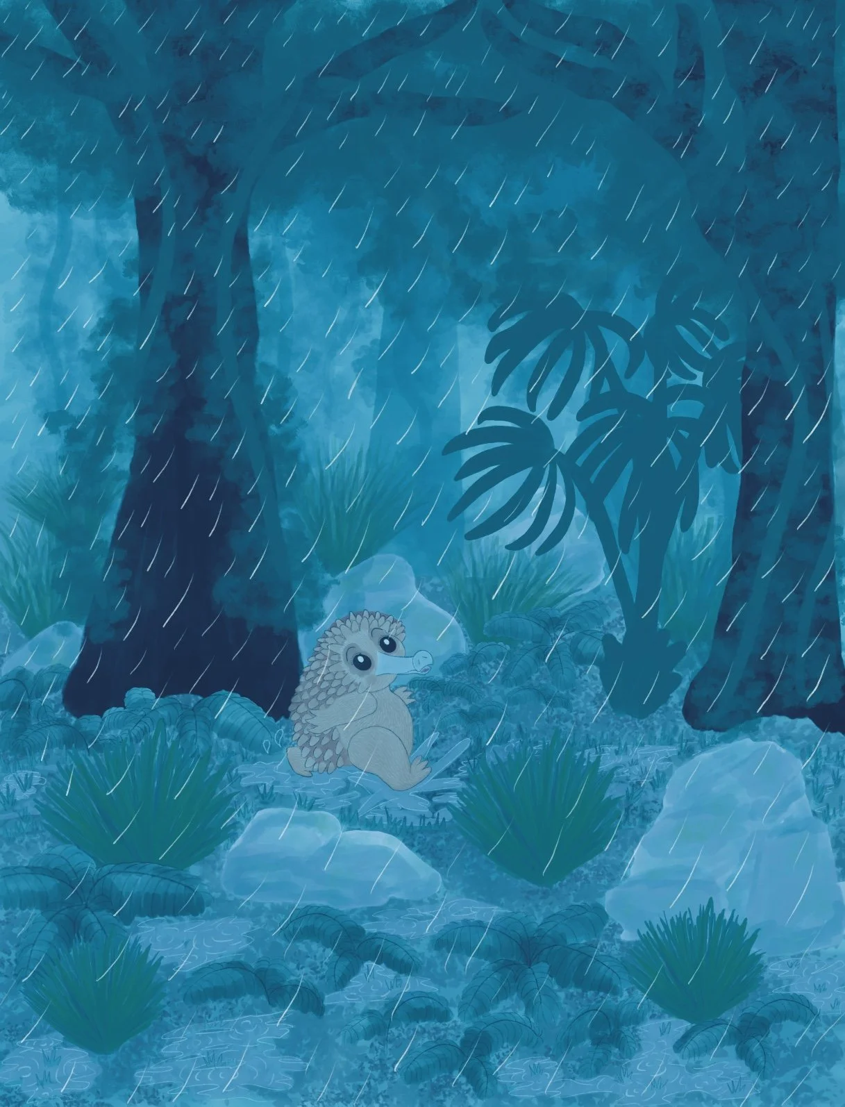 A children's book illustration draft featuring an echidna wandering through a densely growing rainforest on a stormy night.