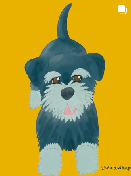 Cute illustrated black and gray dog with brown eyes and a pink tongue sticking out, set against a yellow background.