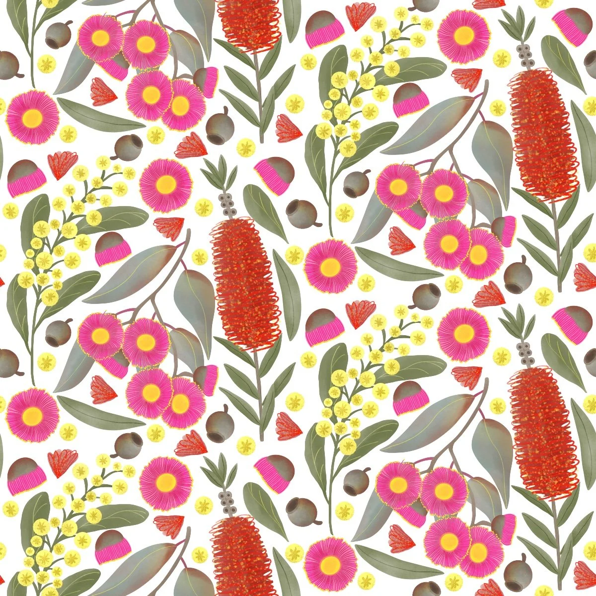 A colorful floral pattern featuring pink gum flowers with yellow centers, red elongated bottle brush flowers, small yellow wattle flowers, green leaves, and dark gumnuts on a white background.