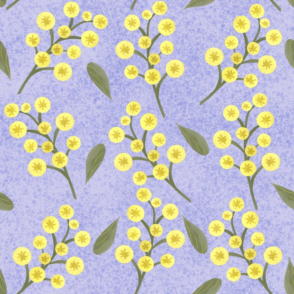 Pattern of yellow wattle sprigs and green leaves on a lavender textured background.