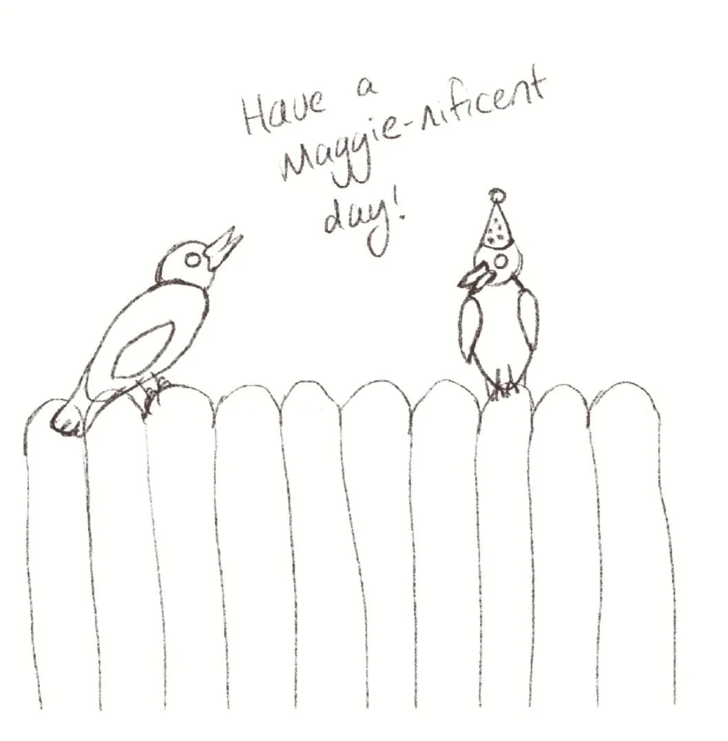 A simple pencil sketch of two birds sitting on a wooden fence. One bird is wearing a party hat and the other is saying, 'Have a maggie-nificent day!'