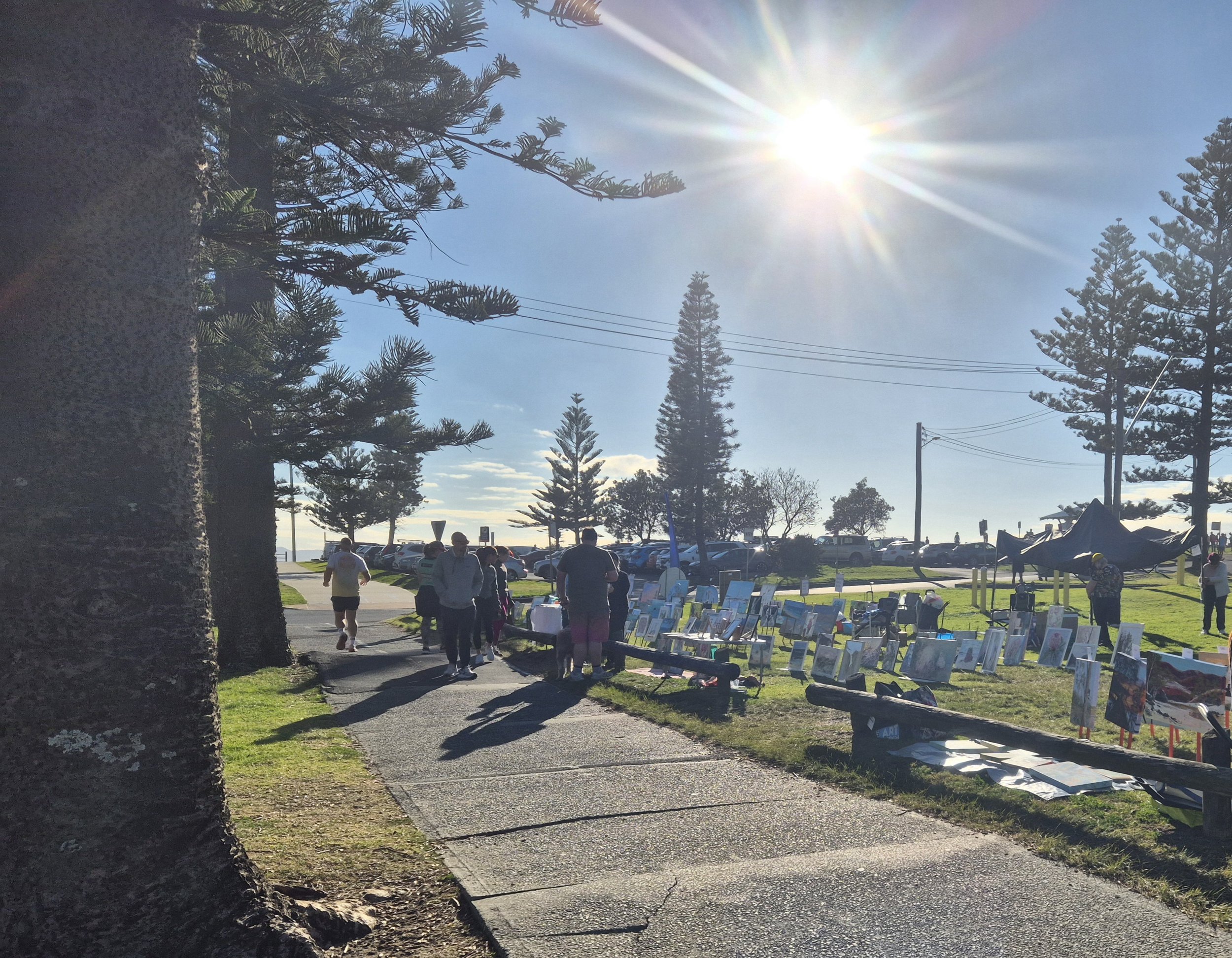Art for sale on a green lawn with runners and pedestrians walking past on a footpath.