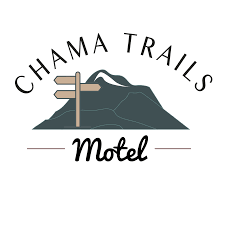 Logo for Chama Trails Motel featuring a mountain, a wooden signpost, and stylized text.