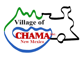Logo for Village of Chama Inc., New Mexico, featuring a stylized map outline with green, black, and blue colors and a red and blue text overlay.