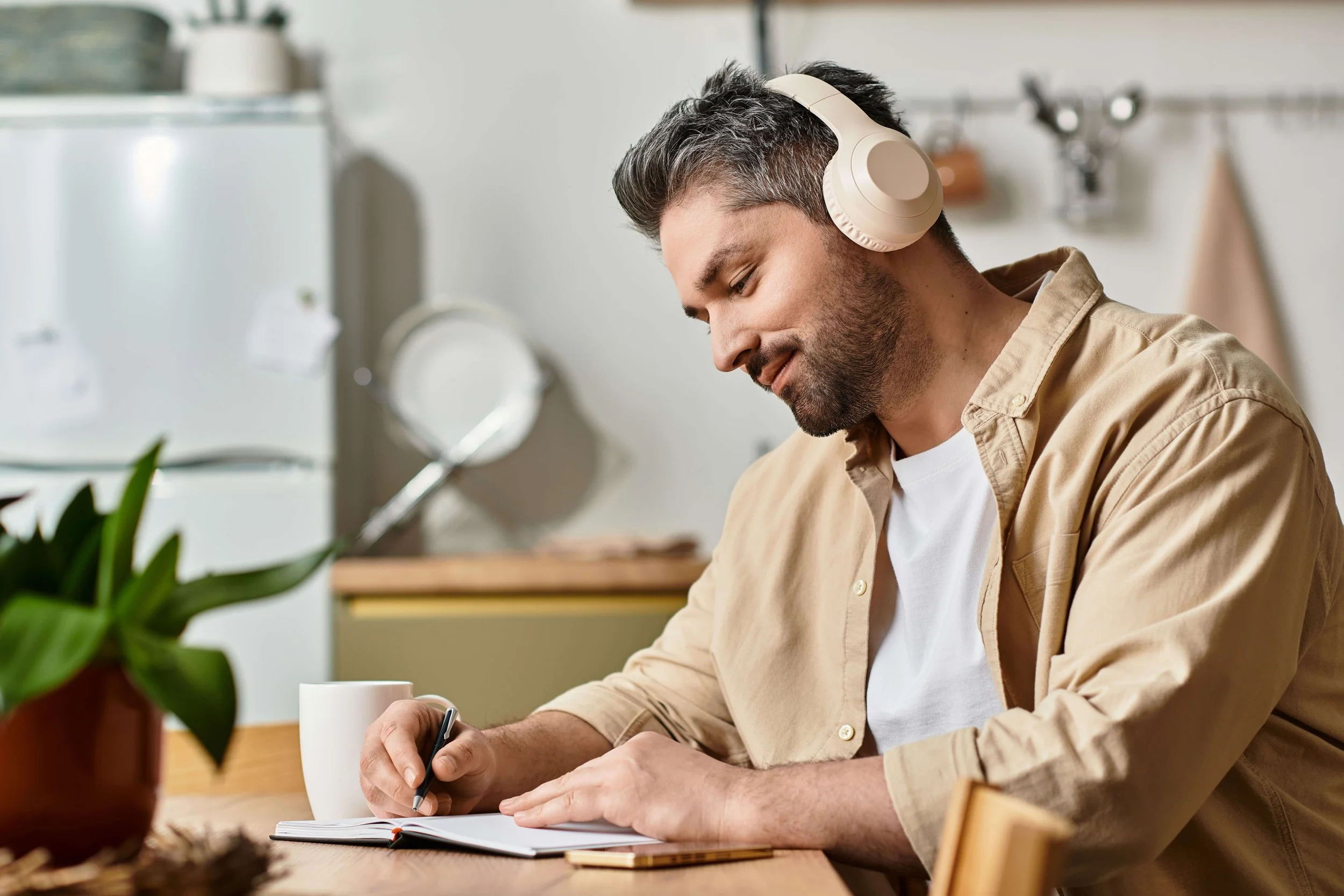 A man with dark hair and a beard wearing headphones, a beige shirt, and a white t-shirt, sitting at a wooden table, writing in a notebook with a black pen, with a white mug nearby, in a kitchen setting with a fridge, a plant, and kitchen utensils in the background.