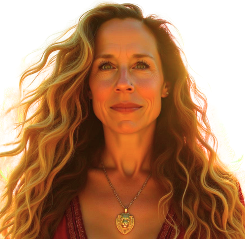 A woman with long, wavy blonde hair and a subtle smile, wearing a red top and a lion face pendant necklace, standing against a bright background with a sunset glow.