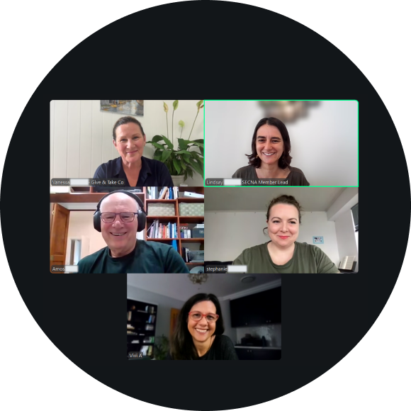 A video call with five participants, all smiling at their cameras.