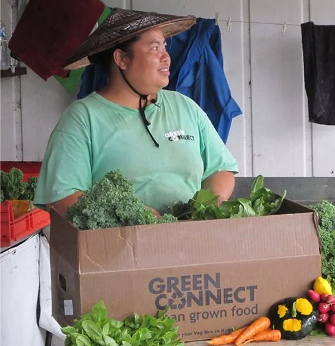 A person wearing a straw hat and Green Connect t-shirt holds a cardboard box filled with fresh leafy greens, branded 'Green Connect — local grown food.'