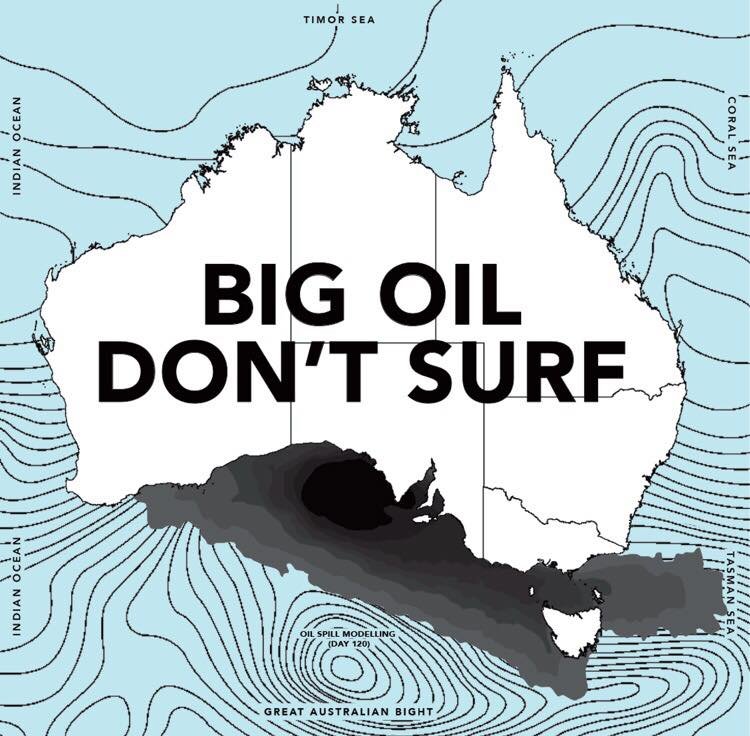 Map of Australia showing the Great Australian Bight, with the phrase 'Big Oil Don't Surf' written across the continent. Campaign for Patagonia Australia by Sam Hetherington.