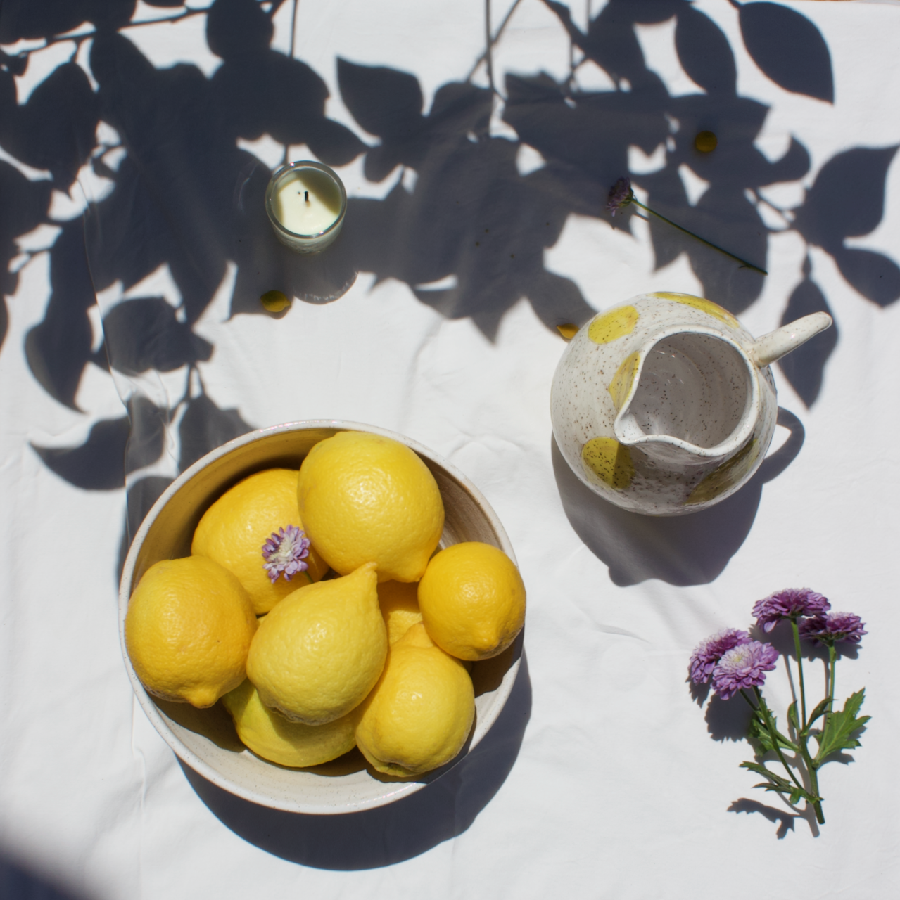 handmade ceramic pottery bowl and water jug with lemons