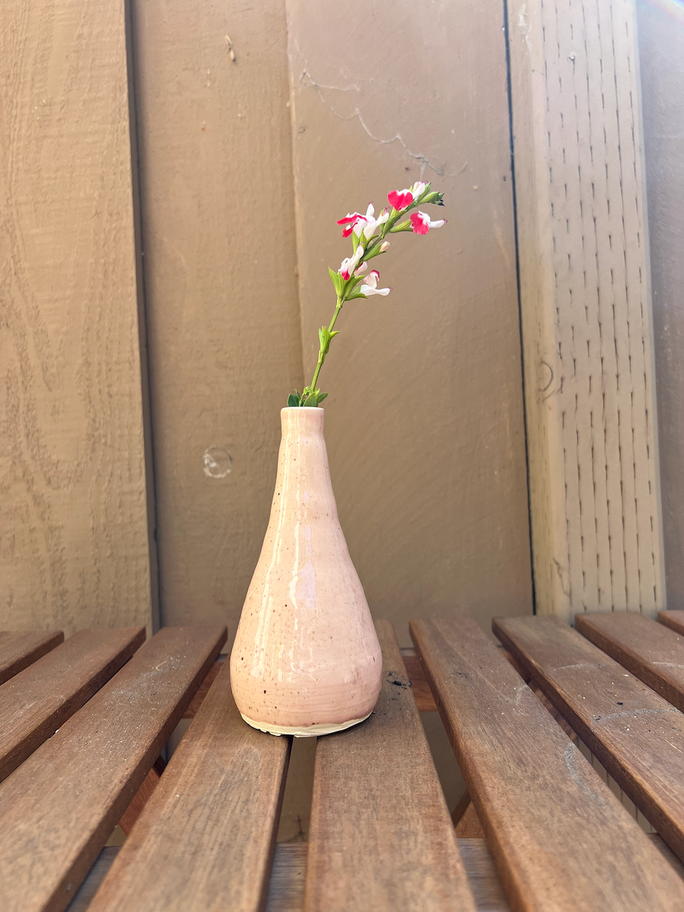Pink ceramic vase with a single white and pink flower on a wooden slatted table against a beige wall.