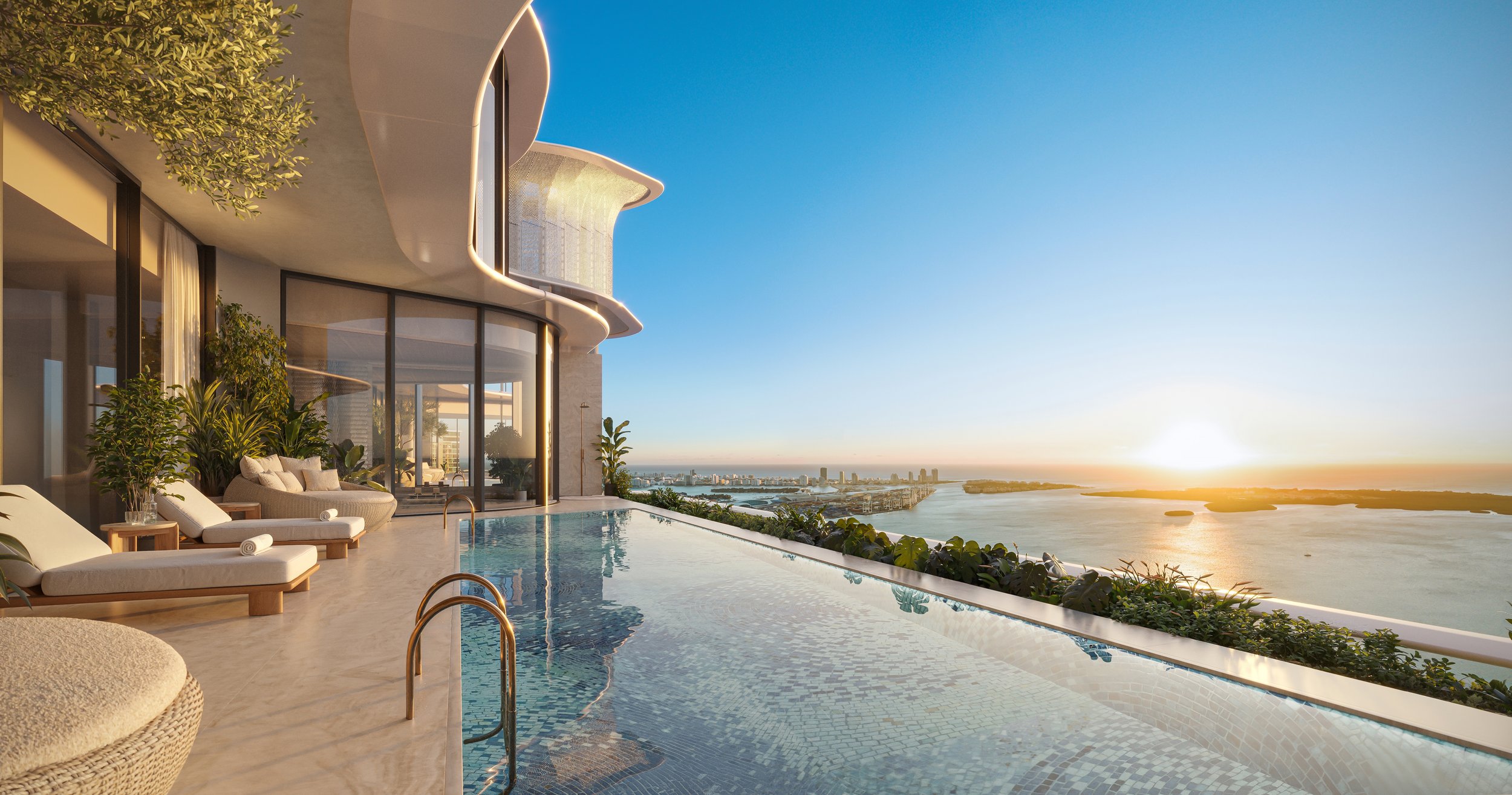 Luxury rooftop infinity pool with city and water views at sunset, surrounded by modern lounge chairs, plants, and glass walls.