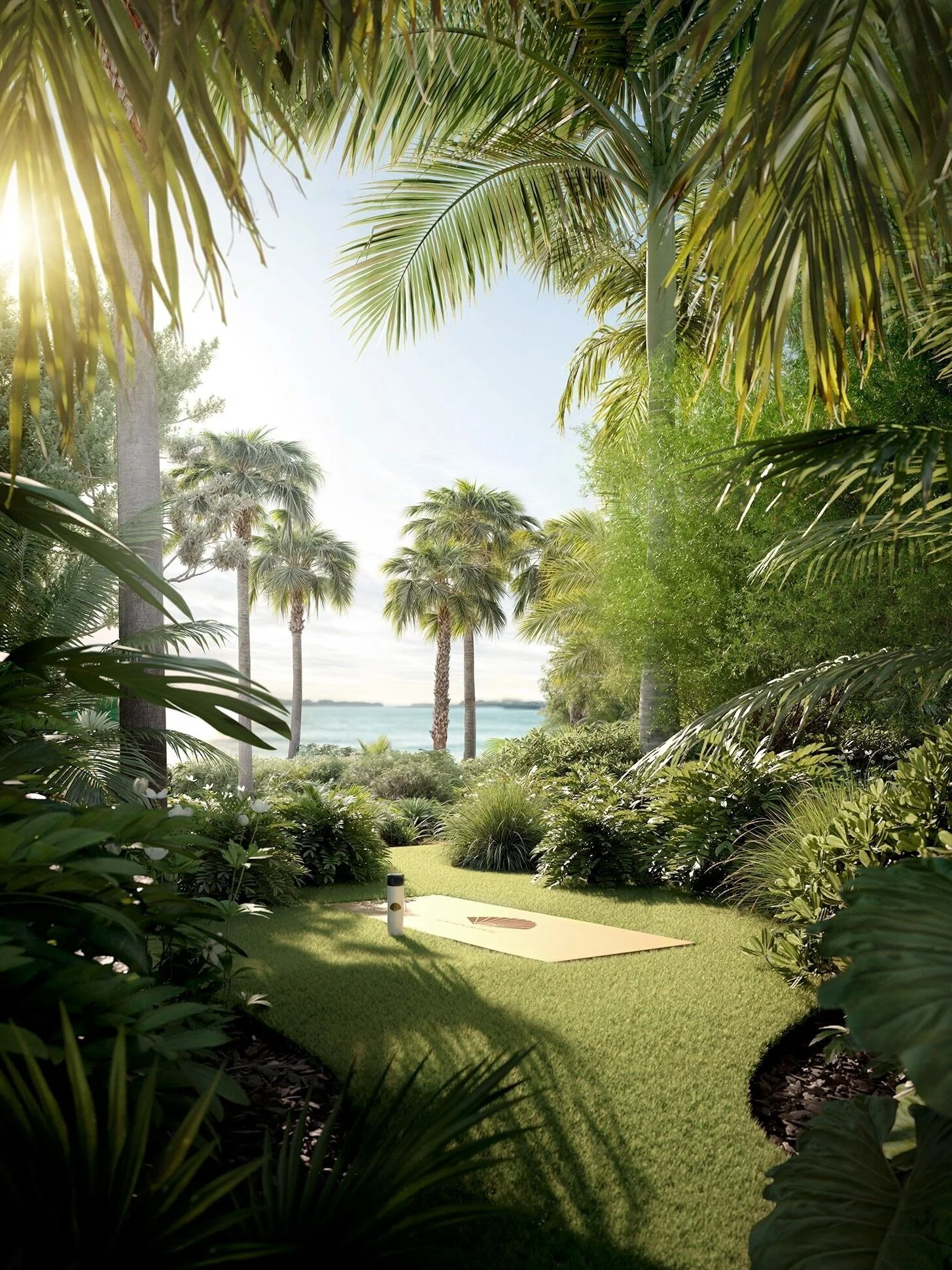 Tropical garden with lush green palm trees and plants, a pathway with a small pole, and a view of the ocean in the background, under a bright blue sky.