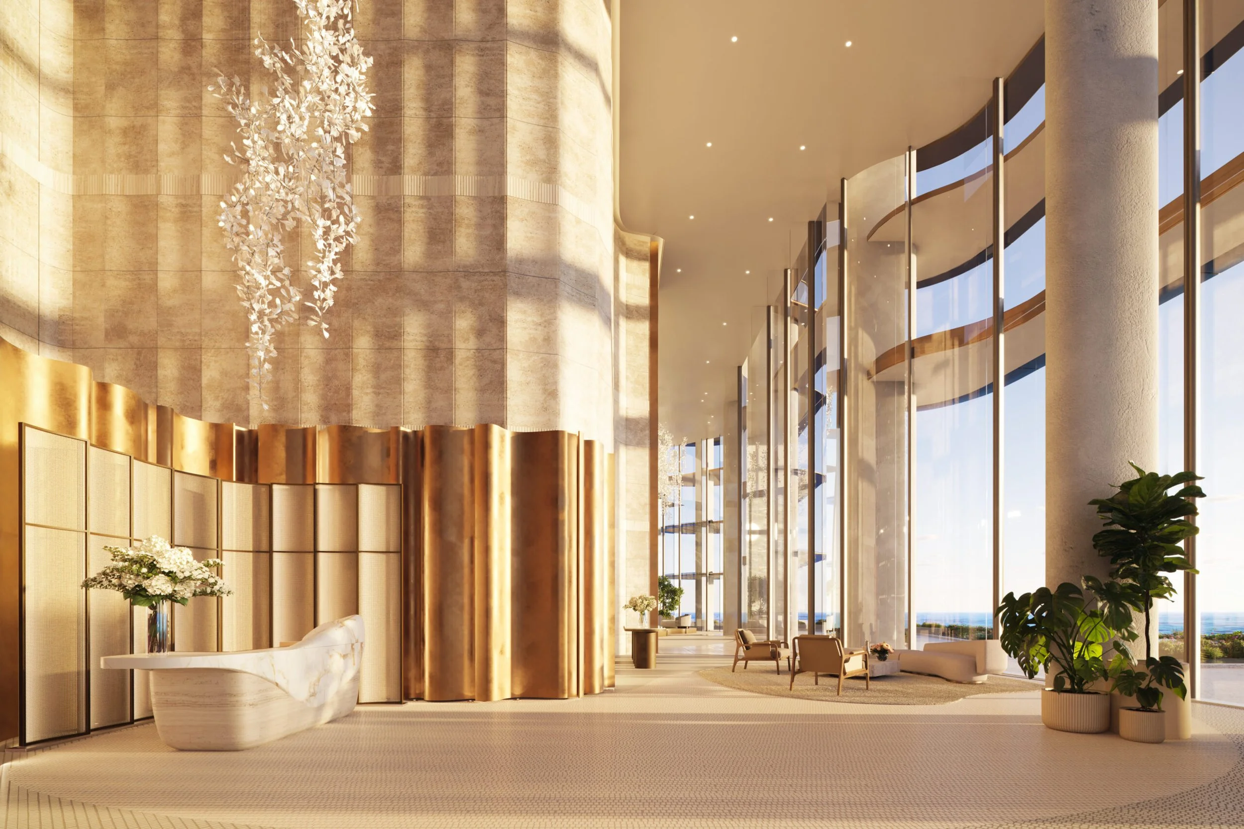 A luxurious hotel lobby with tall glass windows, modern furniture, floral arrangements, and gold accents.