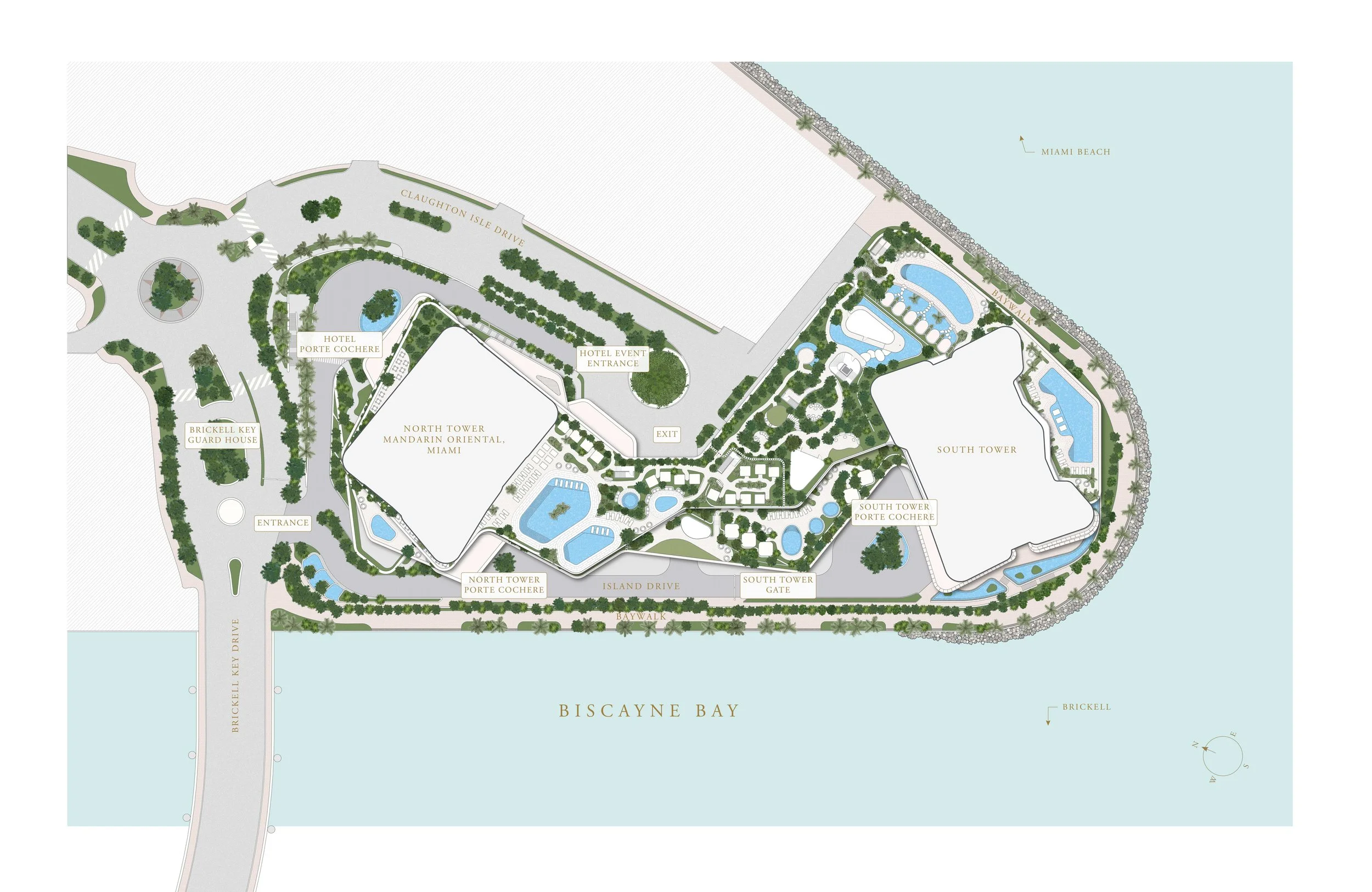 A detailed site plan of a luxury hotel complex on Biscayne Bay, Miami, showing two main towers, parking, pools, gardens, and surrounding roads.