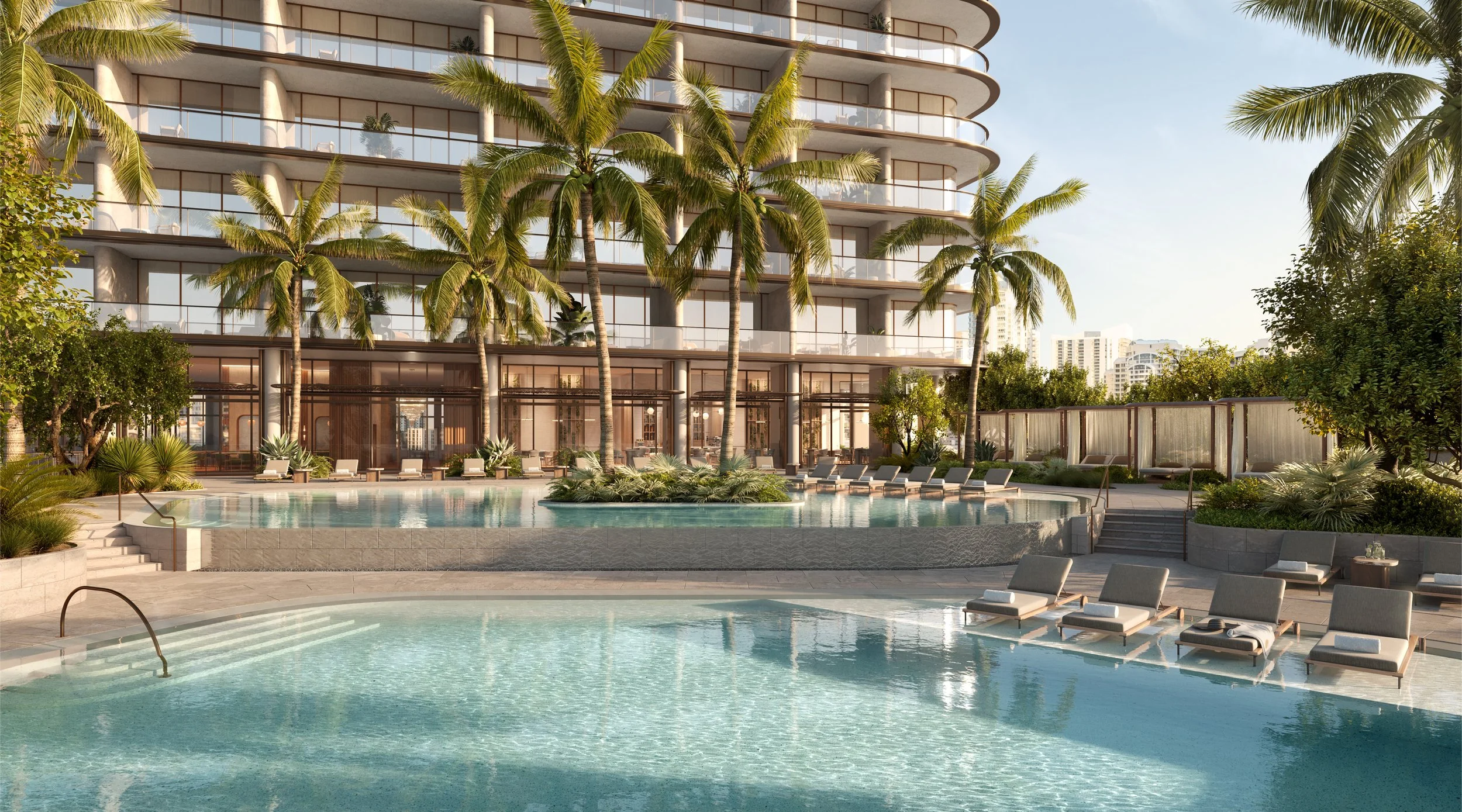 Luxury swimming pool area with lounge chairs, surrounded by palm trees, in front of a modern high-rise building with glass balconies.