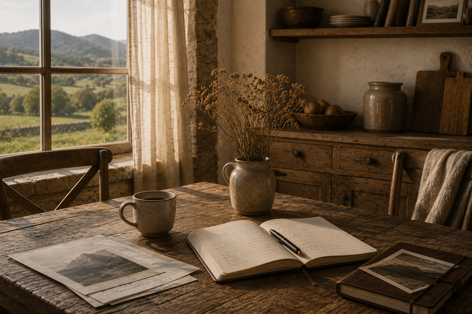 Rustic wooden dining table with open notebook, pen, photographs, and a mug, set in a cozy kitchen with natural light from a window overlooking a green landscape.