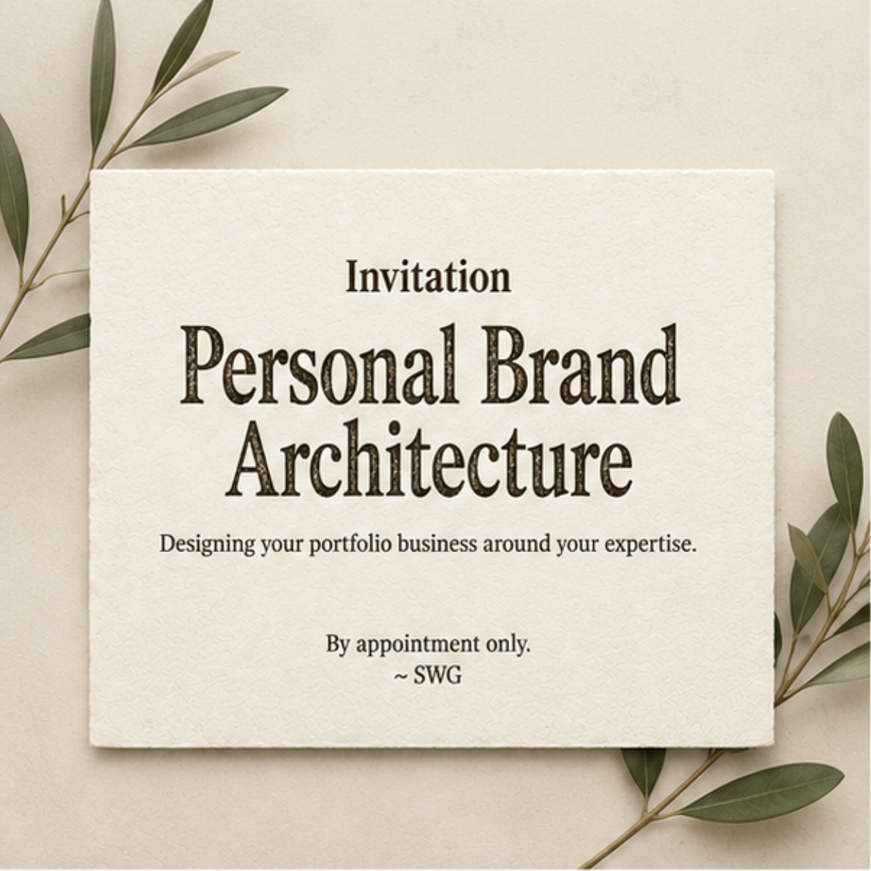 Invitation card for a personal brand architecture event, surrounded by green leaves on a neutral background.