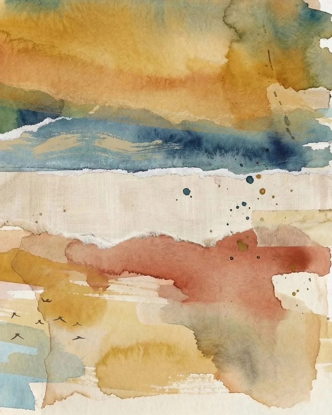 Abstract watercolor painting with blended colors including blue, yellow, orange, and beige, featuring various brushstrokes, splatters, and textures.
