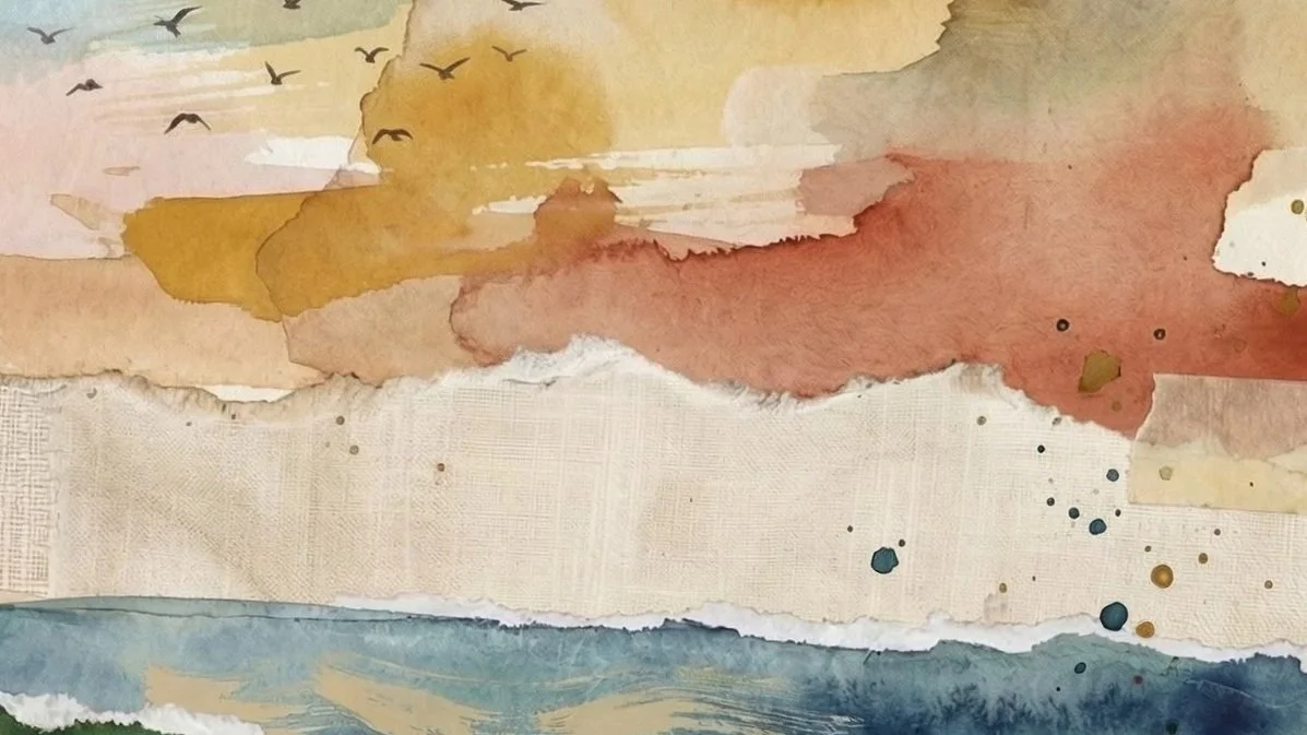 Abstract watercolor painting with layers of earth tones, white, blue, and small black and gold splatters, and silhouette of flying birds in the upper left