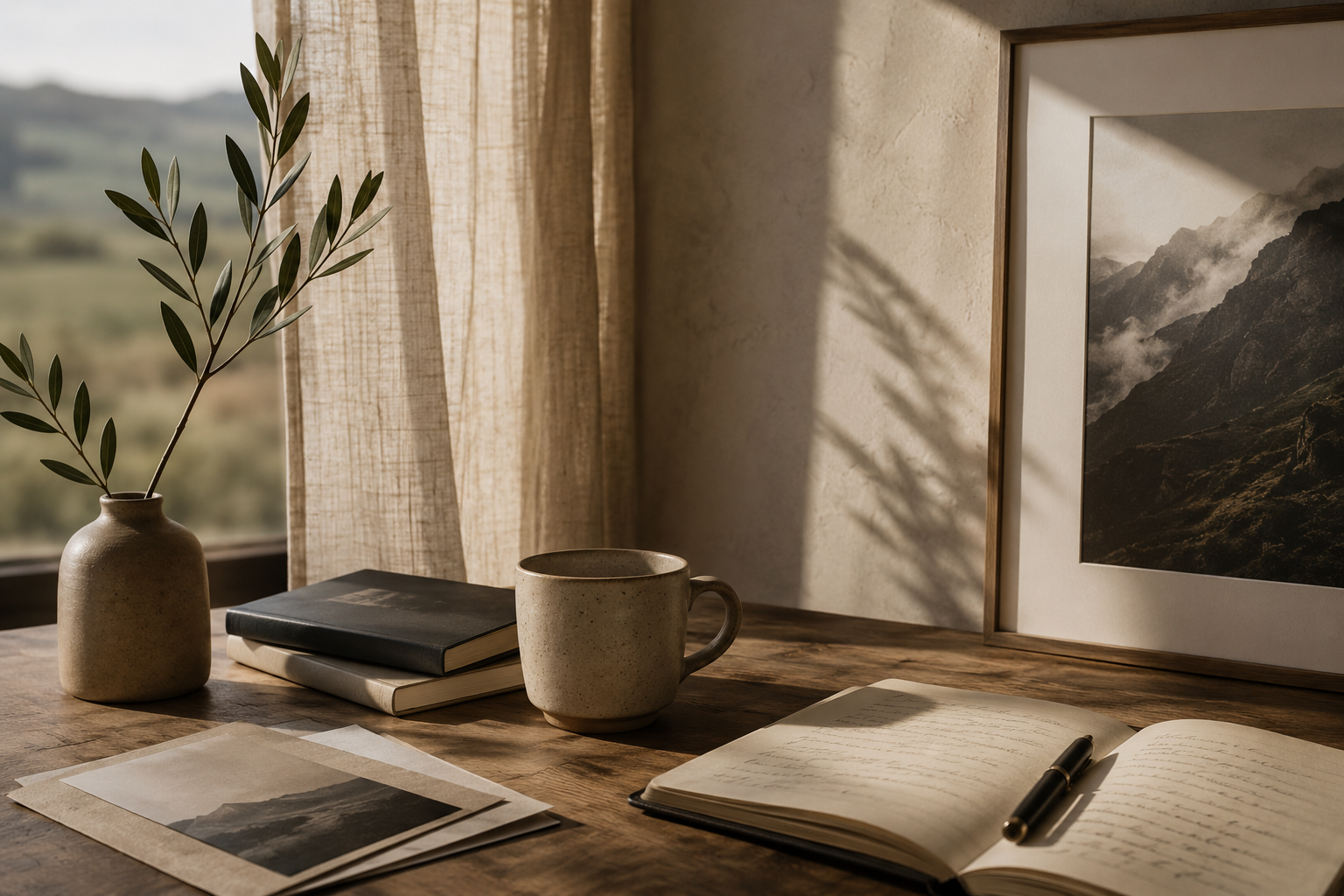Decorative desk with a vase of greenery, a closed black book, a beige ceramic mug, handwritten journal, pen, photos, and a framed mountain landscape photograph, illuminated by sunlight through a window with beige curtains.