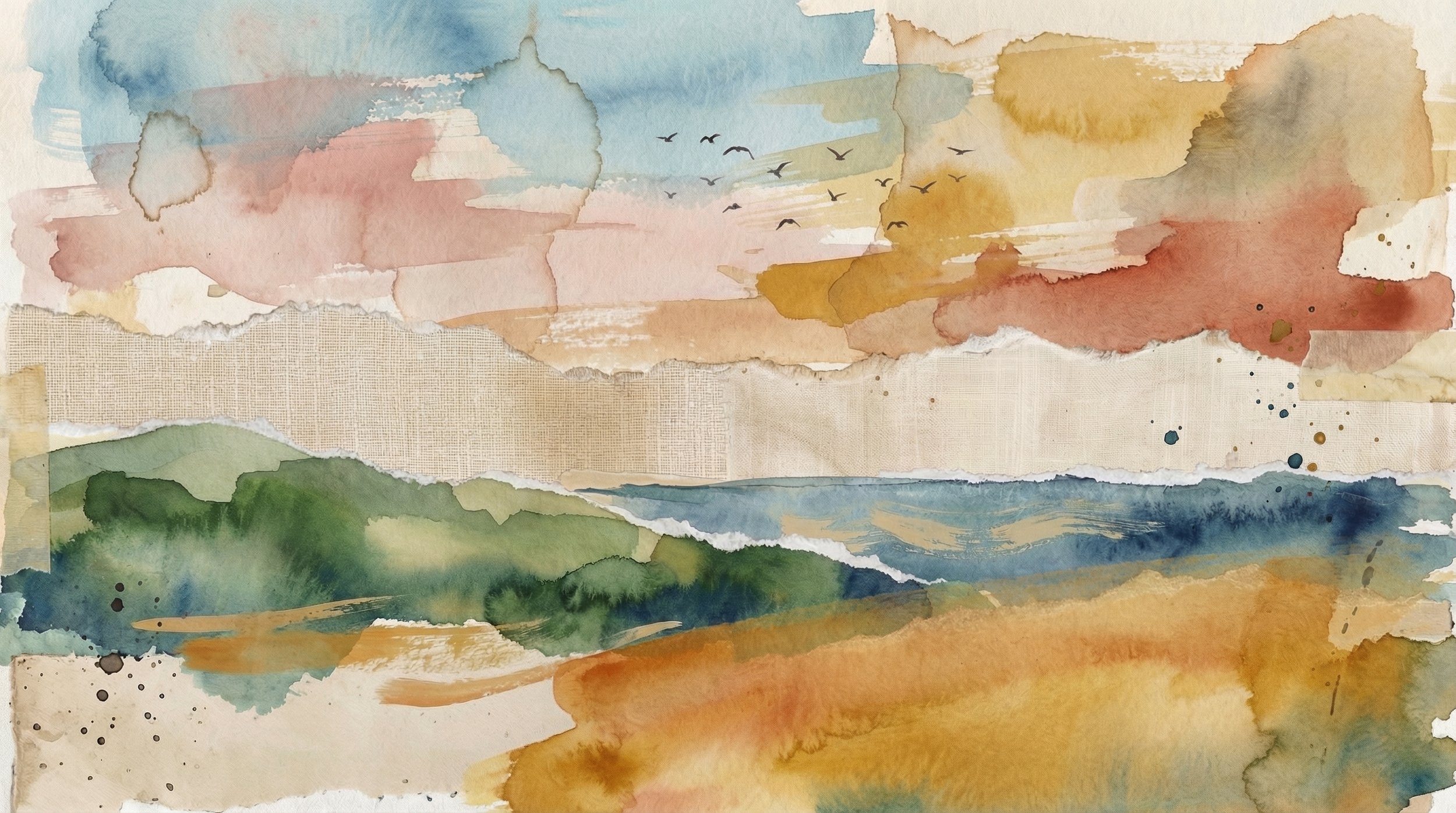 Abstract watercolor landscape with layered colors depicting sky, clouds, mountains, water, and land in shades of blue, green, yellow, orange, and brown.