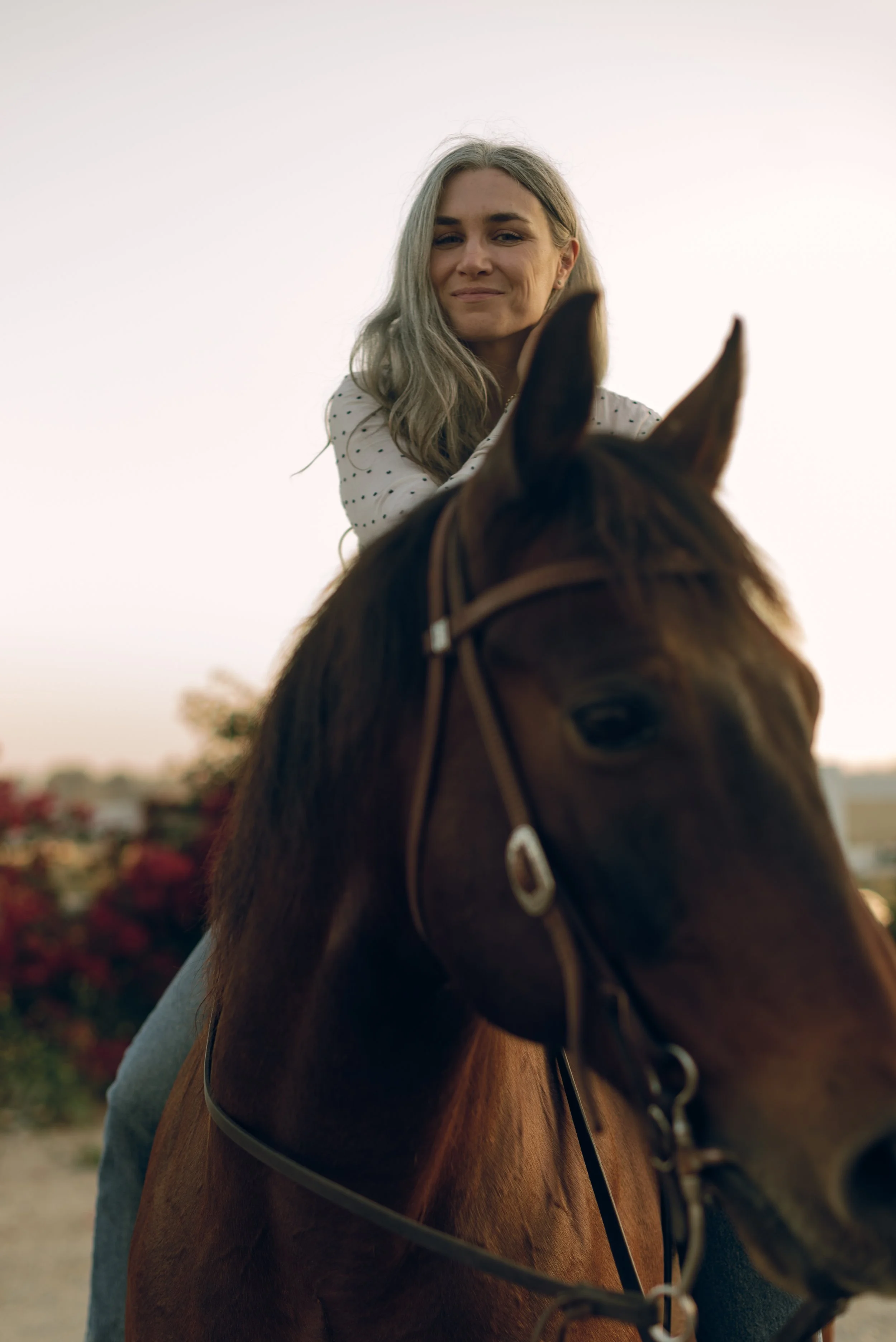A woman with long gray hair riding a brown horse outdoors during sunset.