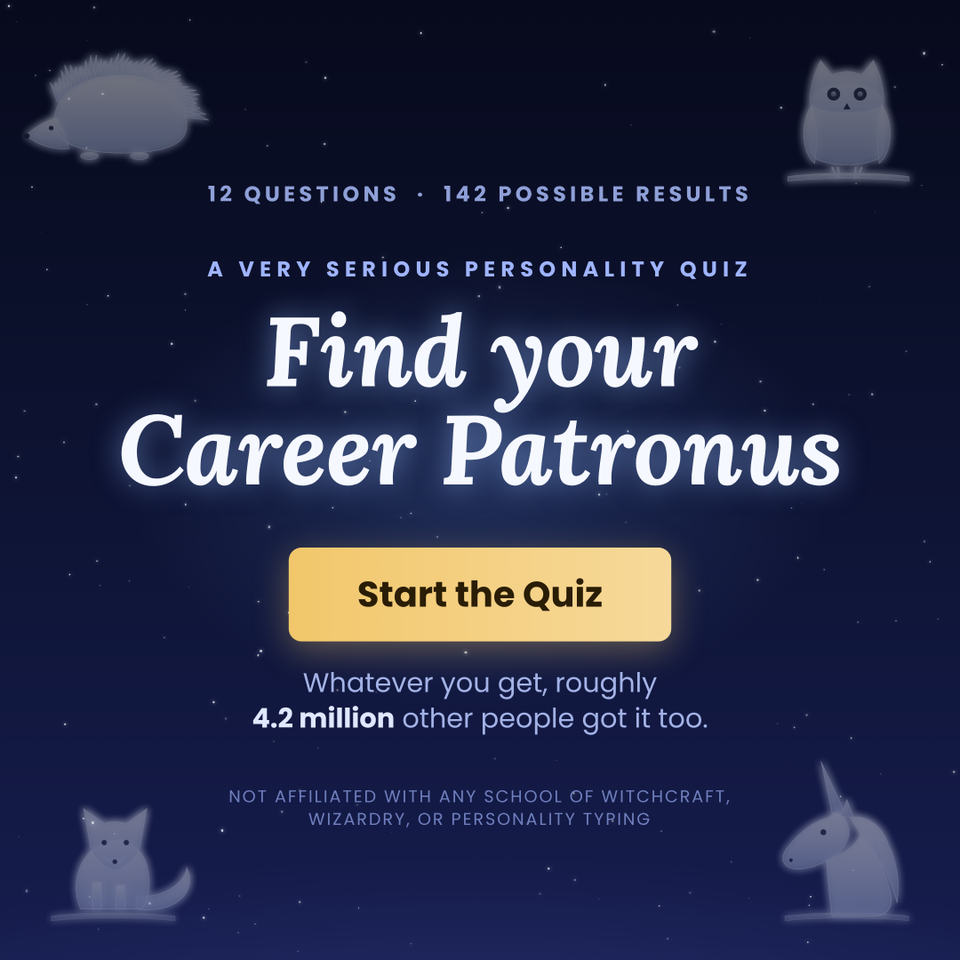 Mock quiz screen titled Find your Career Patronus, with a Start the Quiz button and faint silver hedgehog, owl, fox and unicorn in the corners.