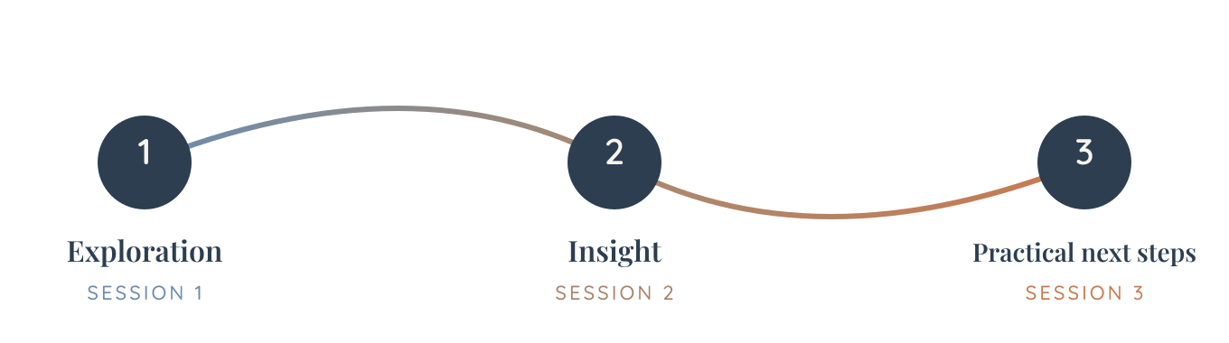 Flowchart illustrating three sessions: Exploration, Insight, and Practical next steps, labeled as Session 1, 2, and 3 respectively.