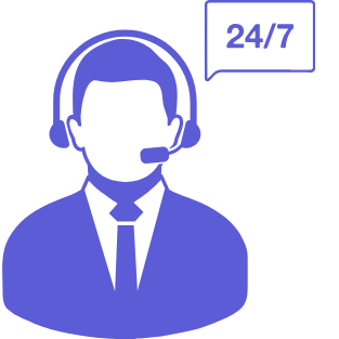 Icon of a customer support representative wearing a headset and suit with a speech bubble that says 24/7.