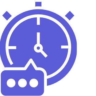 Purple stopwatch icon with a chat bubble containing three dots in front of it.