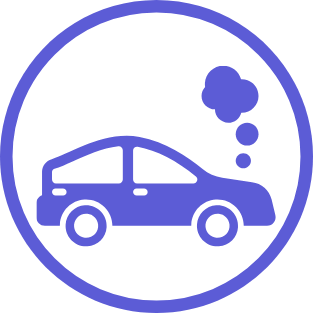 Icon of a car with a thought bubble above it, inside a circular border.