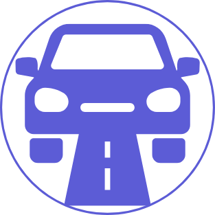 Icon of a car with road lines beneath it, enclosed in a circle.