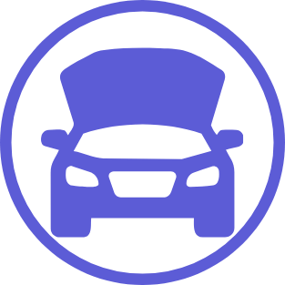 Icon of a car with an open hood inside a blue circle.