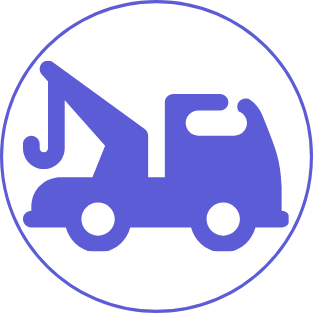 Icon of a tow truck inside a white circle with a purple border.