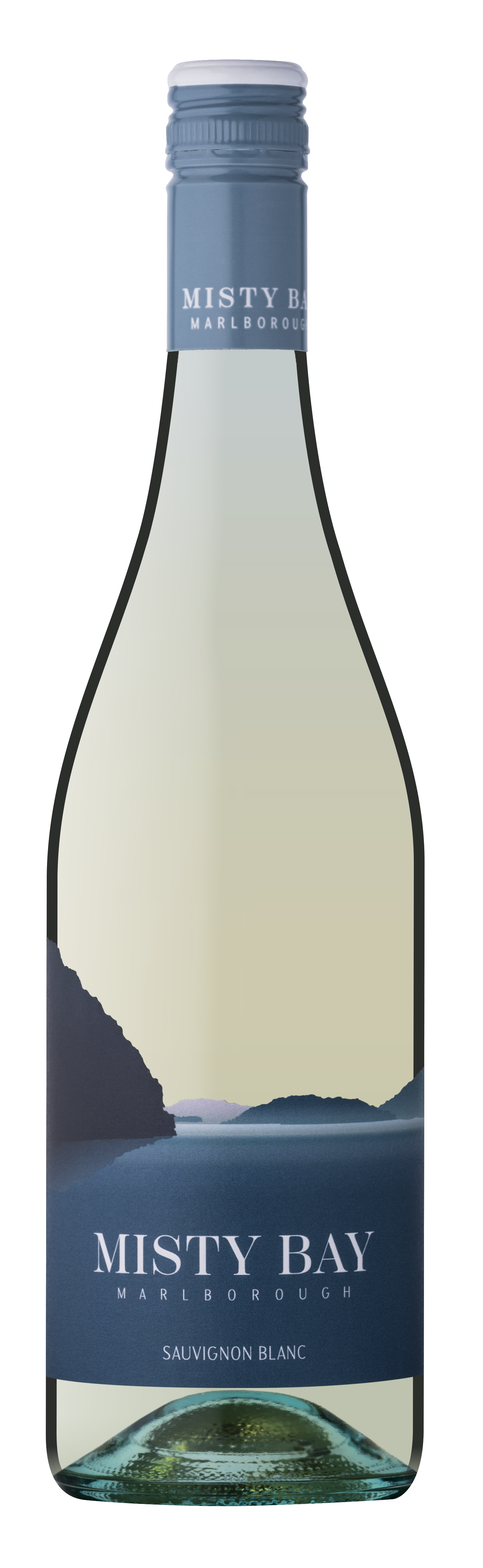 A bottle of Misty Bay Marlborough Sauvignon Blanc wine with a landscape label featuring water and mountains.