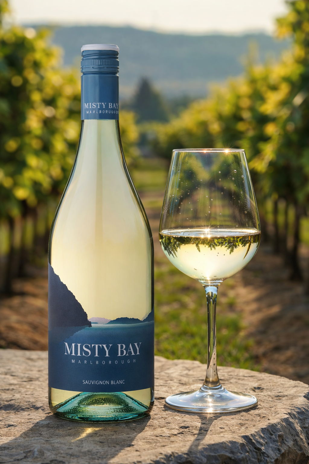 A bottle of Misty Bay Marlborough Sauvignon Blanc wine and a glass of white wine placed on a stone surface in a vineyard.