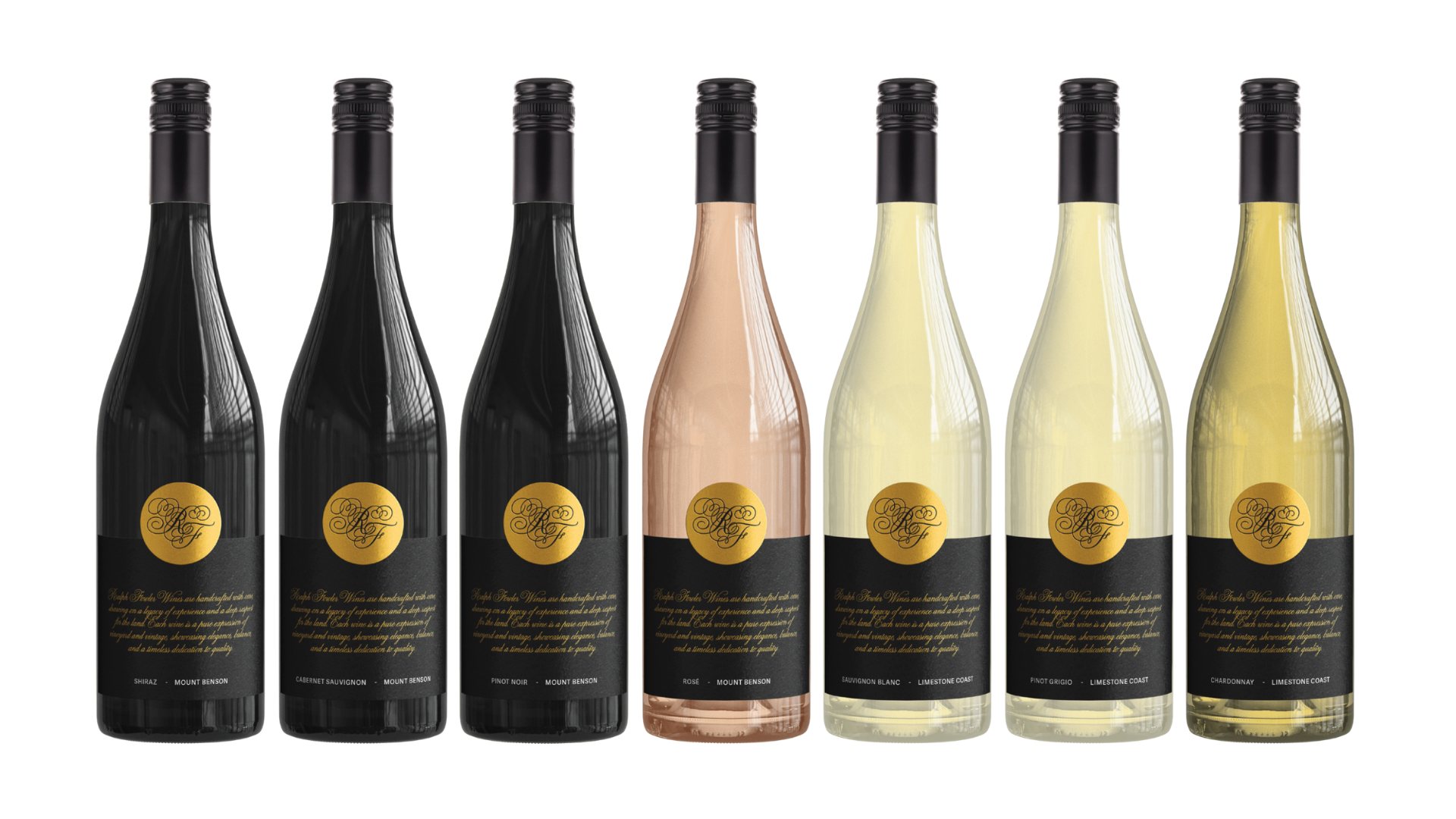 A row of seven wine bottles, including red, rosé, and white varieties, with black labels and gold circular logos, set against a black background.