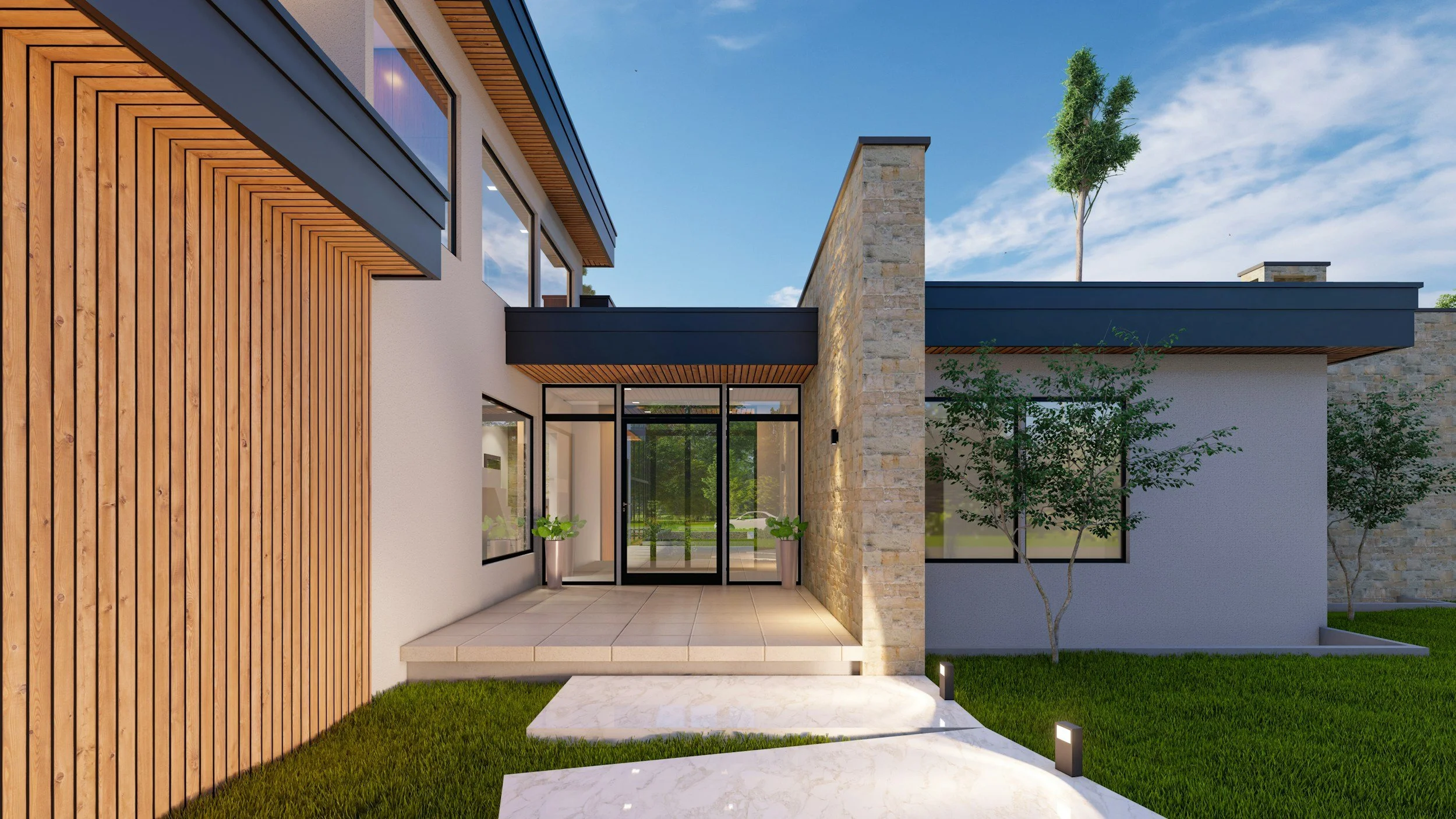 Modern house exterior with a combination of wood, stone, and white finishes, large glass doors, and a small porch with potted plants, grass, and trees under a blue sky.