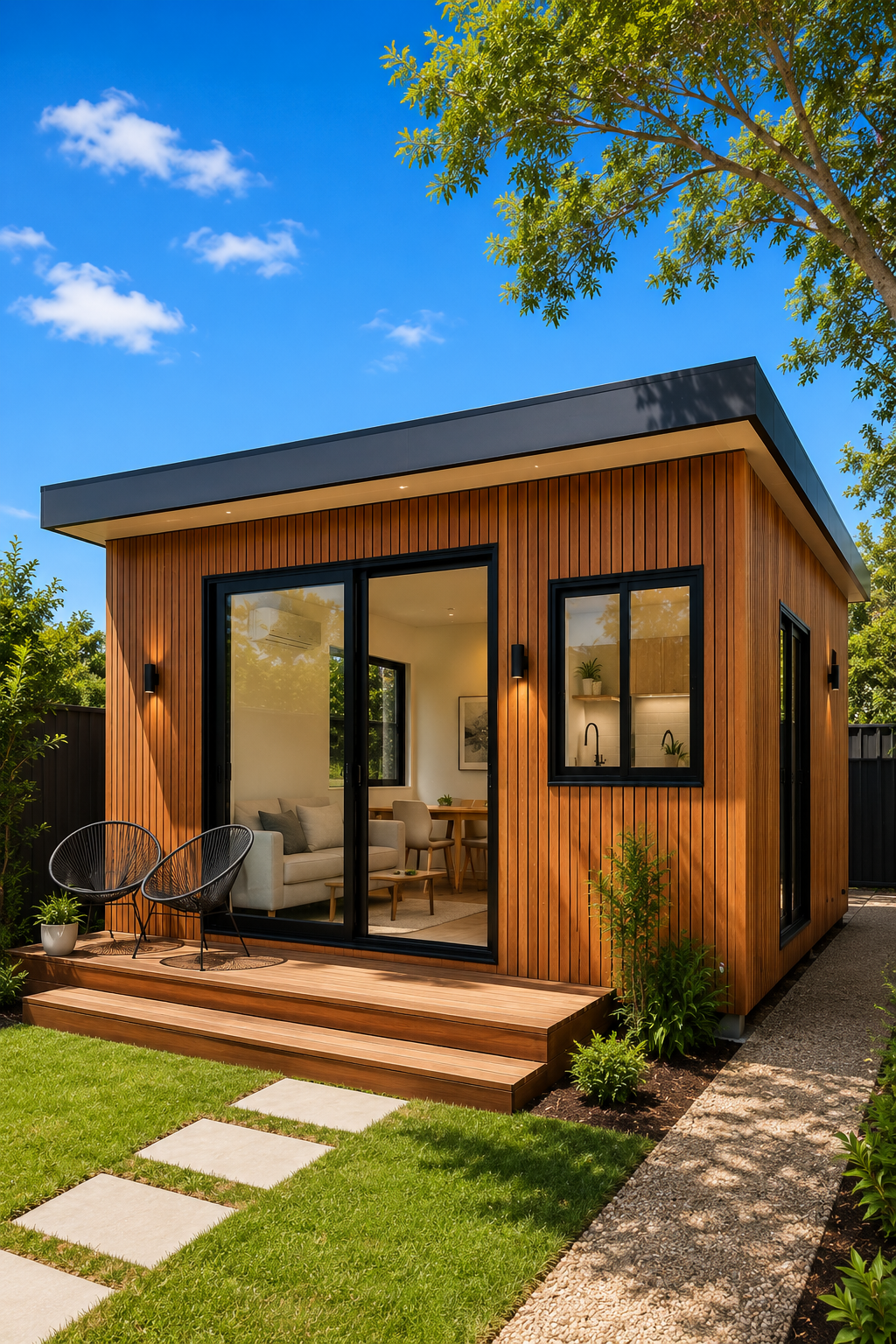 Small modern house with wooden exterior, black-framed windows and sliding glass door, surrounded by greenery and a stone pathway