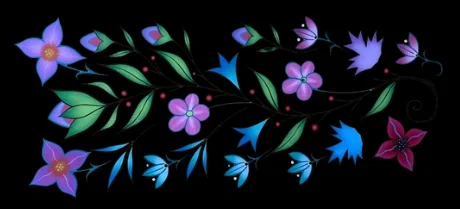 Colorful floral pattern with various violet, blue, and pink flowers and green leaves on a black background.