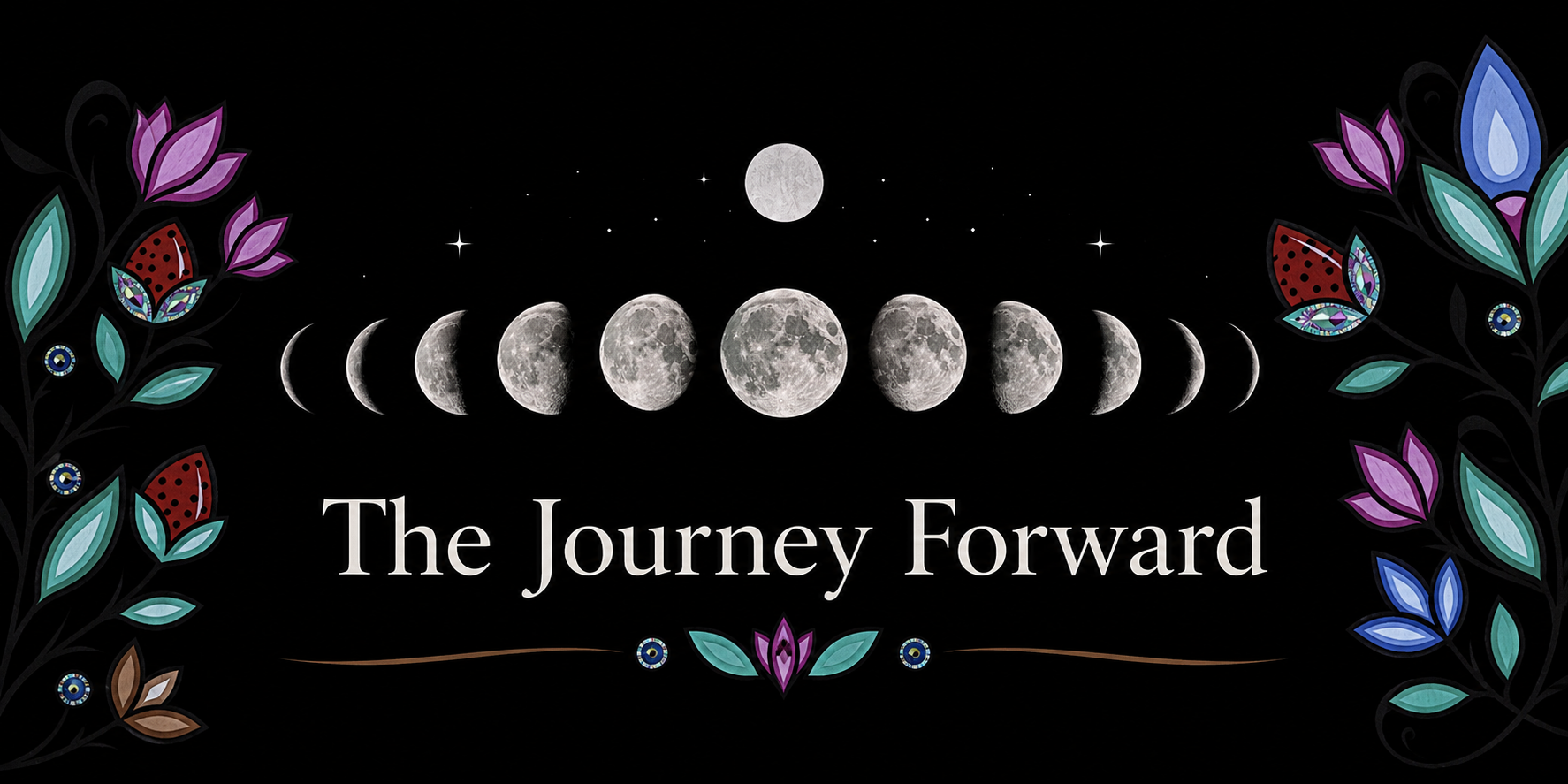 Illustration of moon phases from new moon to full moon, with decorative floral designs surrounding the text 'The Journey Forward'.
