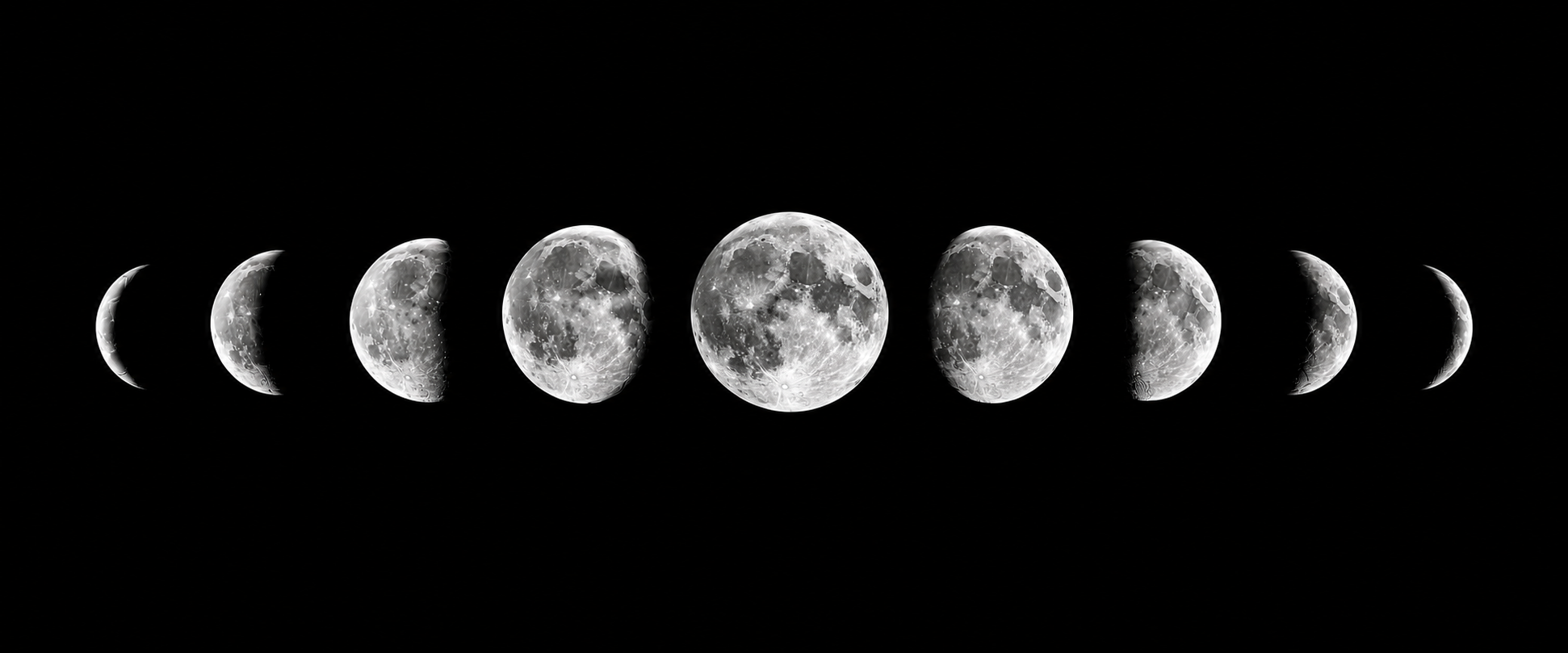 Sequence of moon phases from new moon to full moon and back, shown in grayscale against a black background.