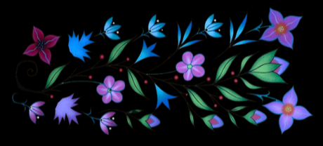 Colorful floral design with purple, blue, and pink flowers and green leaves on a black background.